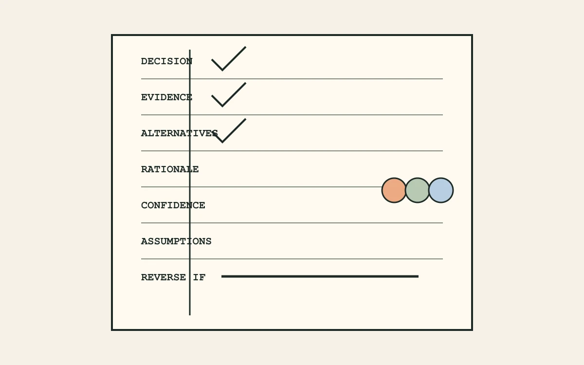A paper decision record keeps evidence, alternatives, confidence, assumptions, and a reversal condition visible.