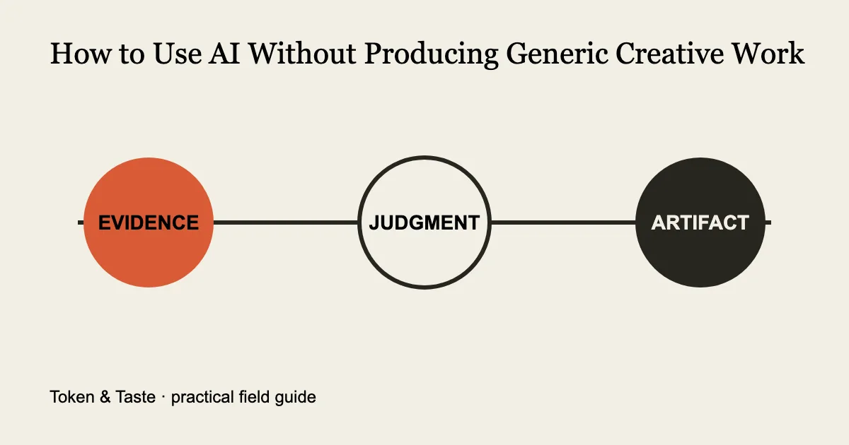 Diagram showing the evidence, judgment, and artifact stages for how to use ai without producing generic creative work