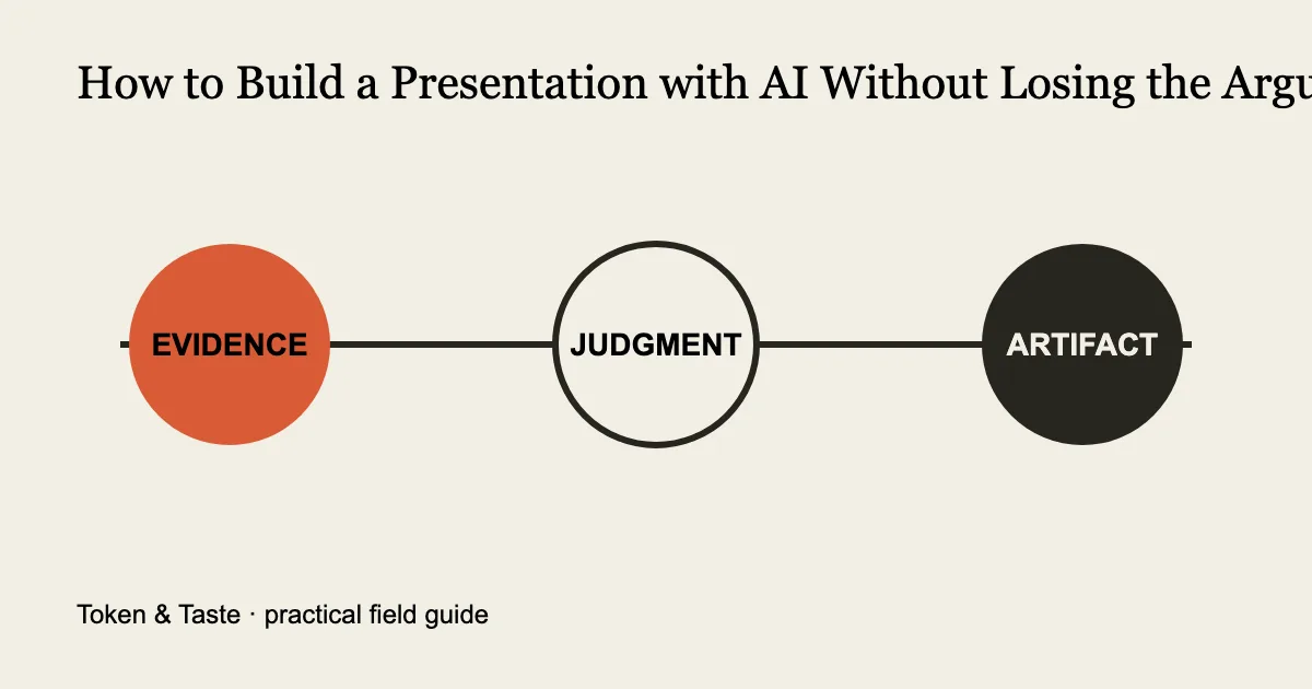 Diagram showing the evidence, judgment, and artifact stages for how to build a presentation with ai without losing the argument