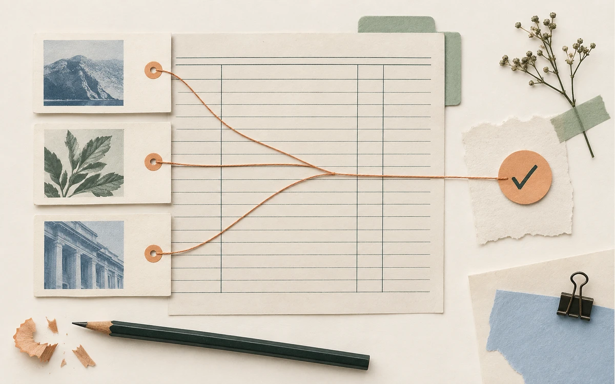 A source ledger on paper tracks three evidence cards and their audit marks.